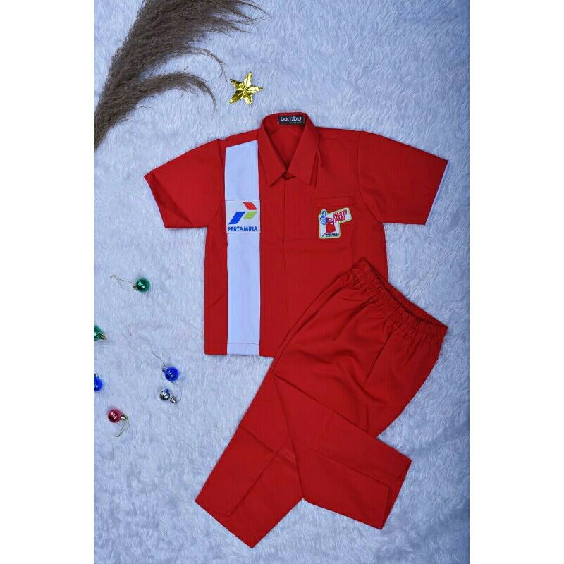 Kostum Baju Pertamina Anak Anak, Setelan Baju Karyawan SPBU untuk Anak Anak