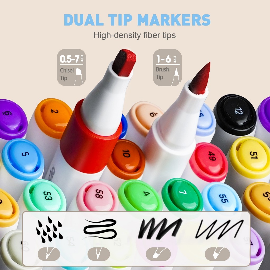 

JARMELO Washable Dual Tip Markers 12 24 Colors (Chisel and Brush Tip) Nontoxic Marker Colours Mainan Aktivitas Mewarnai Anak