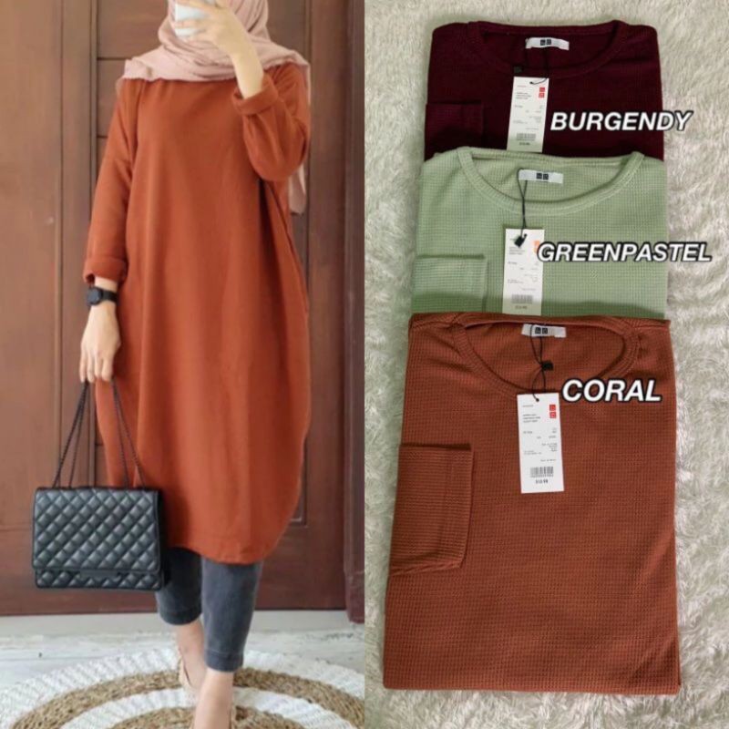 Tunik Waffle Knit Wanita Terbaru 2024 Model Oval /Long Tunik Knit Premium / Simpel Tunik