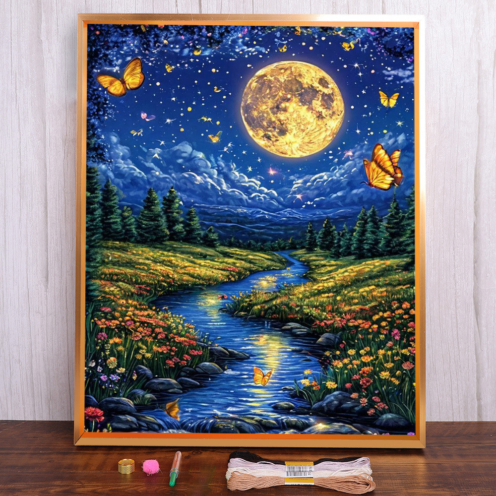

Landscape Moon Night Butterfly Pre-Printed Cross-Stitch Embroidery Kit Painting Handicraft Knitting Craft Gift Room Decor Sales
