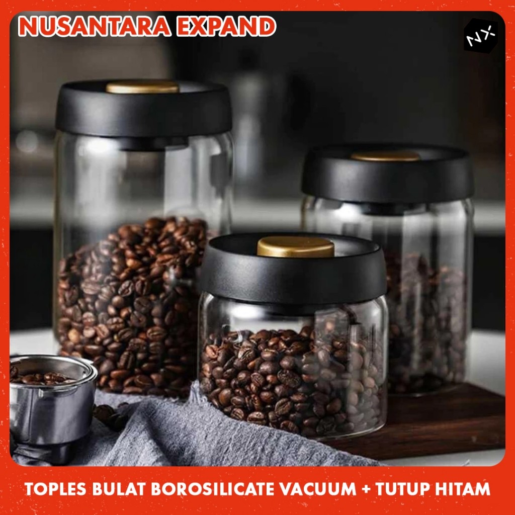 Toples Kaca Bulat Vacuum Tutup Hitam  Toples  Toples Kaca Kedap Udara  Toples Penyimpanan Kopi  Topl