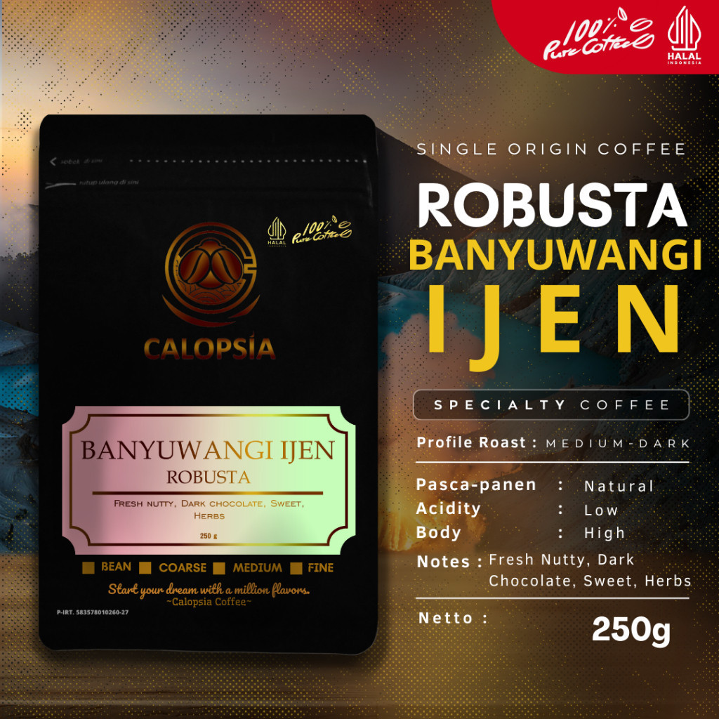 

CALOPSIA Kopi Banyuwangi Ijen Robusta Single Origin 250 Gram (Specialty Grade 1) | Kopi Robusta