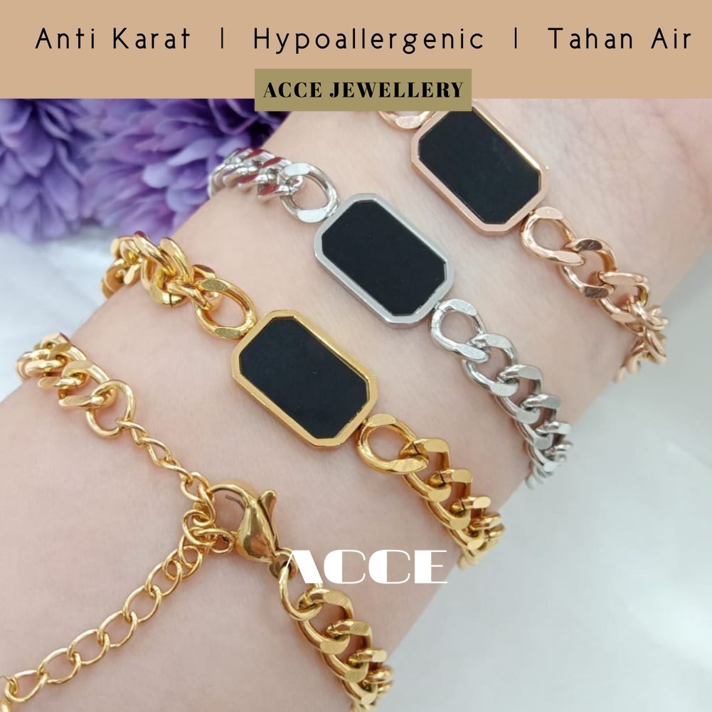 AC-135 Gelang Motif Rantai Sisik Naga Mata Batu Hitam Aesthetic Wanita/Pria Titanium Lapis Emas