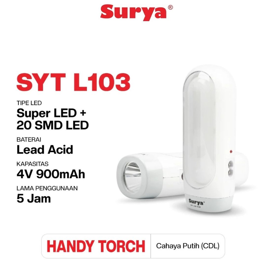 SURYA Emergency Lamp SYT L103 – Lampu Darurat Rechargeable dengan 20SMD LED, Cahaya Putih Terang, Ta