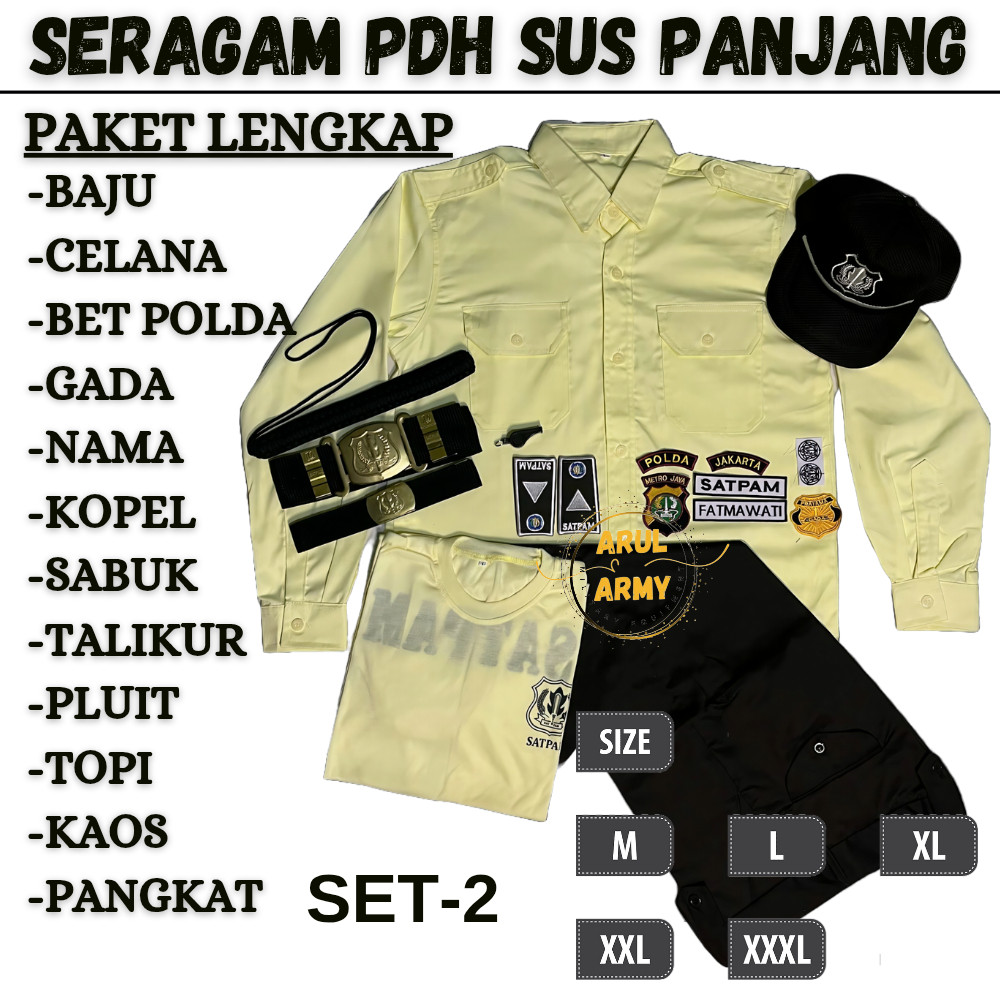 PAKET LENGKAP BAJU SERAGAM SATPAM SECURITY PDH SUS LENGAN PANJANG KREM UNISEX SETELAN PDL PDH SECWAN