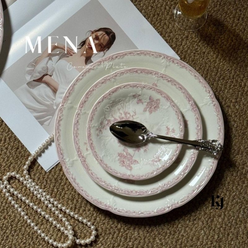 Mena Ceramic Set / Piring Saji Putih Keramik Bulat Aesthetic Lucu