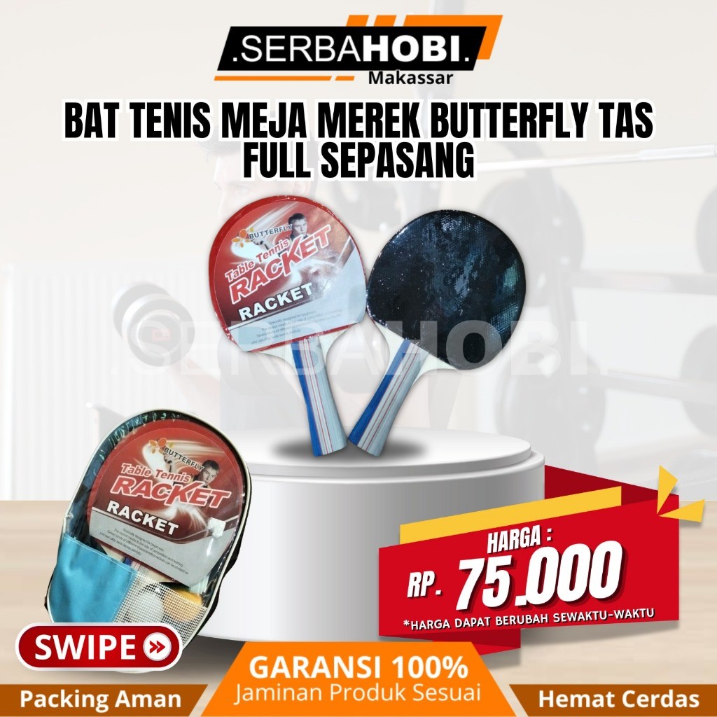 Bat tenis meja merek butterfly Tas Full Sepasang /  Perlengkapan Tennis meja 1 set siap pakaiCO