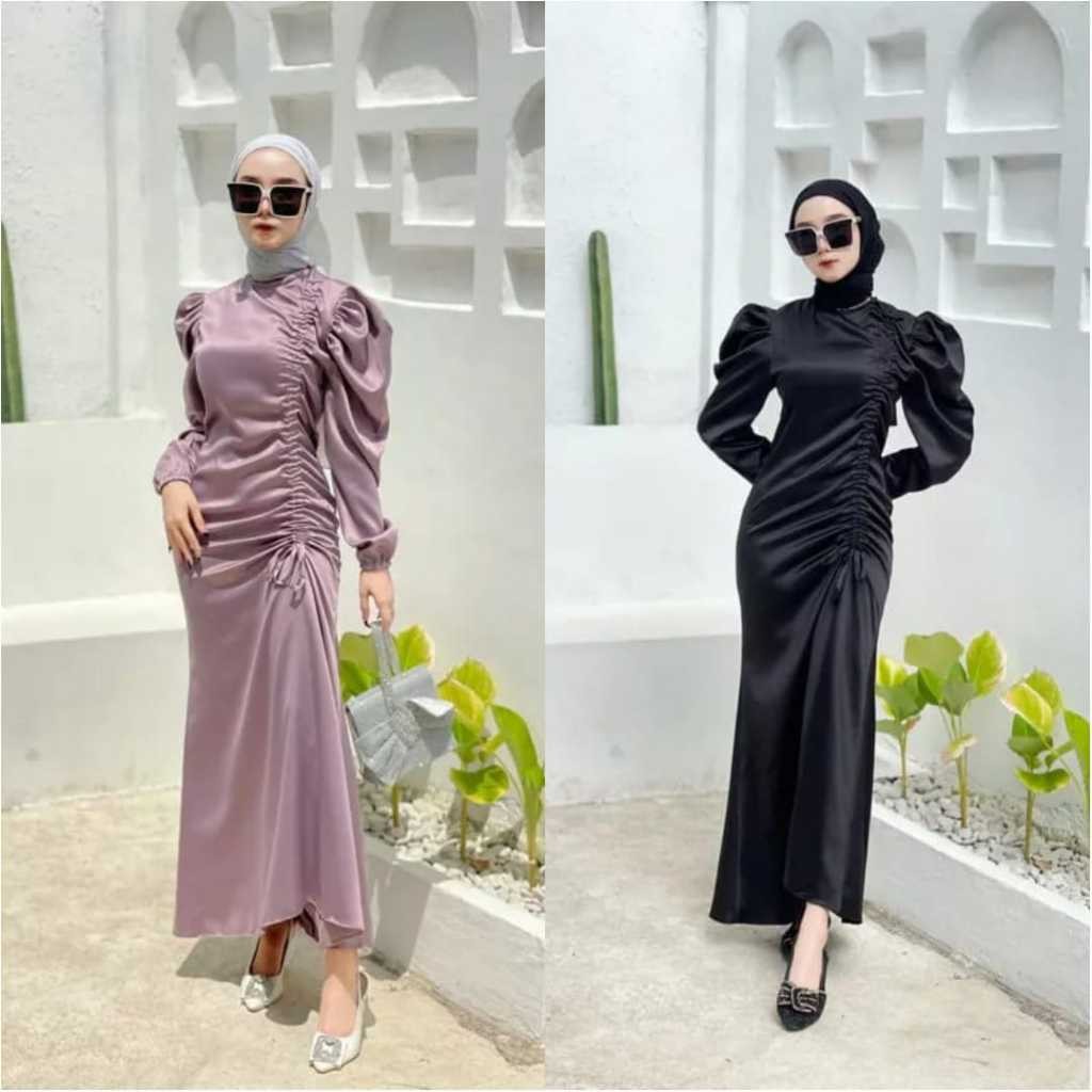 MYMOSA Dress Polos Velvet Satin Baju Muslim Lebaran Terbaru Seragam Bridesmaid Kondangan Modern