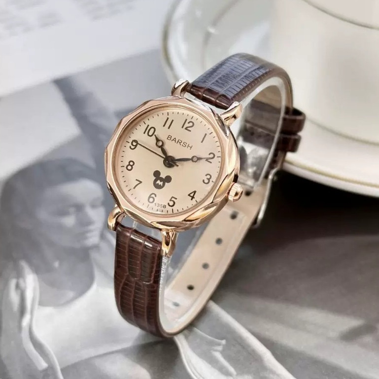 Jam Tangan Wanita Fashion Tali Kulit Analog Kecil Gaya Korea Barsh Kaca Mewah Mickey