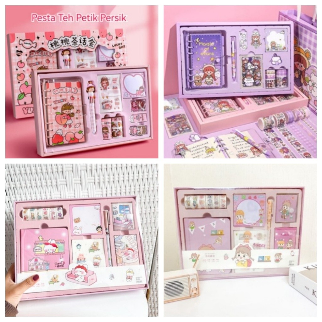 

Paket Jurnal Set /Gift Box Hampers anak/ Hadiah / Notebook Journal Diary / 6 in 1 Boba Alat Buku Tulis Lengkap Scrapbook Cute Girl Cinnamoroll My Melody Kuromi Kelinci Duffy Cat Sweetheart Cake Shop Import Grosir Ready COD