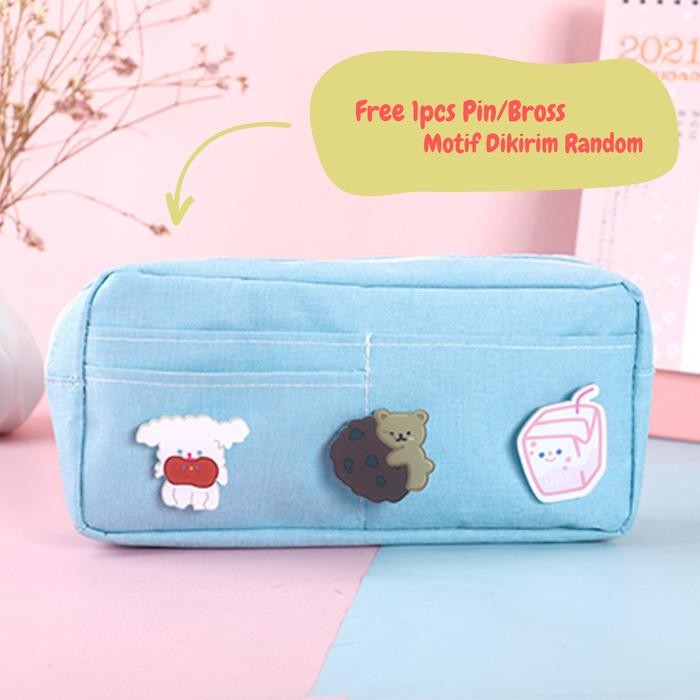 

AHHA TOPER Kotak Tempat Pensil Pencil Case Kain Kanvas Canvas Lucu Kapastitas Besar FREE 1 Pin Bross Stationery - Biru Muda