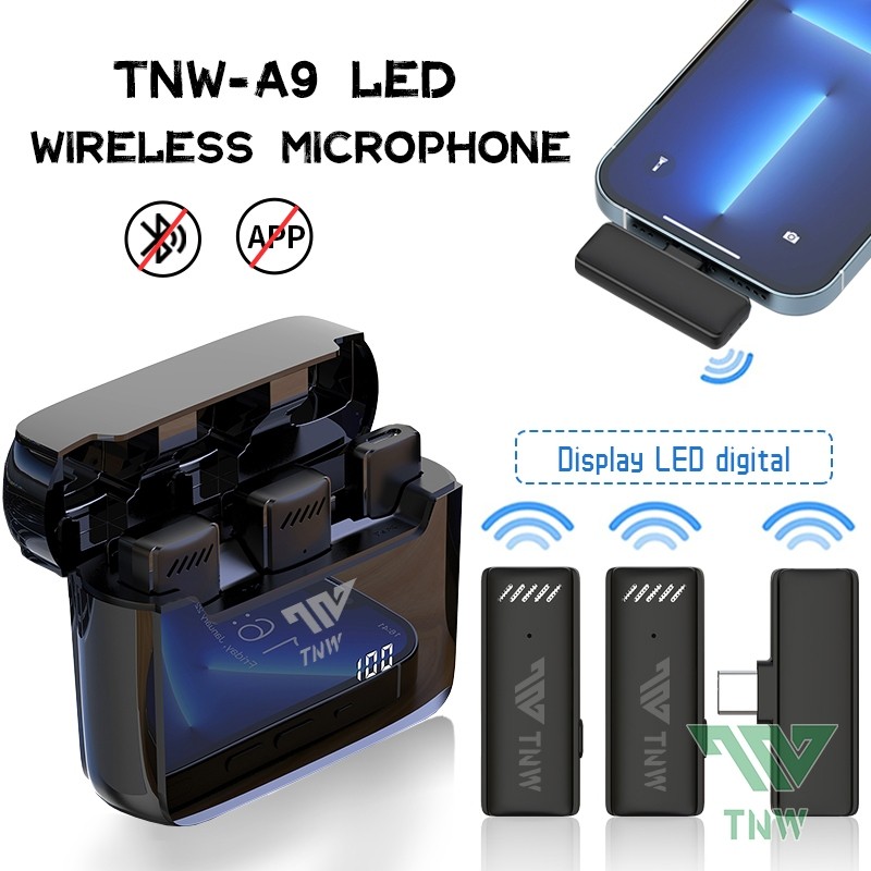 TNW-A9 Wireless 2 Microphone Dual Mikrofon Youtuber Vlog with Charging Case Clip on Mic hp WirelessC