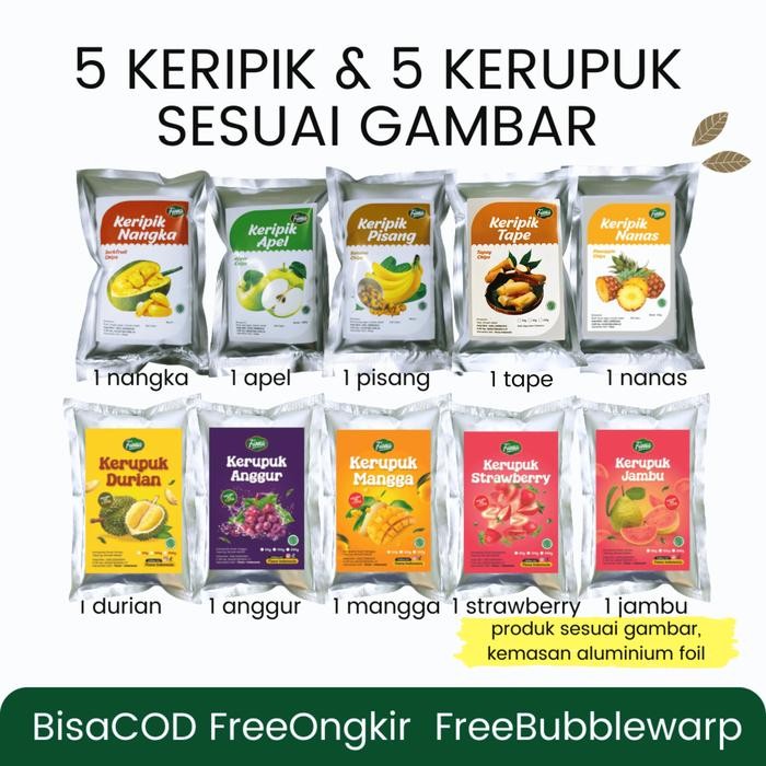 

Fiona Paket Hemat 10 pcs Keripik dan Kerupuk Buah Sayur Apel Nangka Salak Durian Anggur Strawberry 50gram Kentang Kripik Mangga Manis Pisang Krupuk Rambutan Snack Food Cemilan - Kripik Krupuk 10pcs