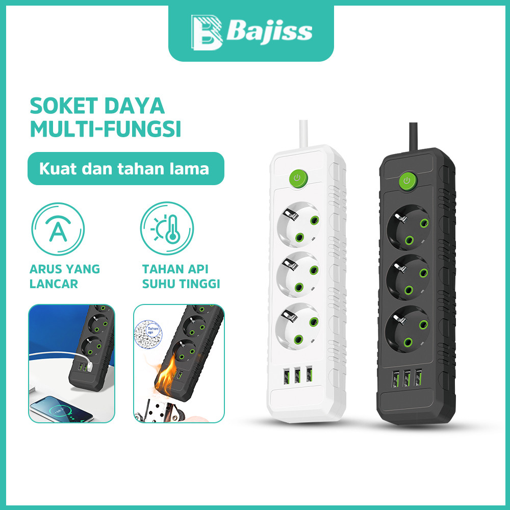 Bajiss Steker Listrik Multi-Pengisian Daya - 3 Port USB + 3 Colokan 2500 Watt