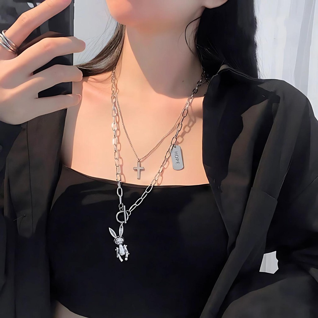 BSDN Kalung Layer Fashion Pria Wanita Korea style Aesthetic Rantai Silver 3 Susun + Liontin model St