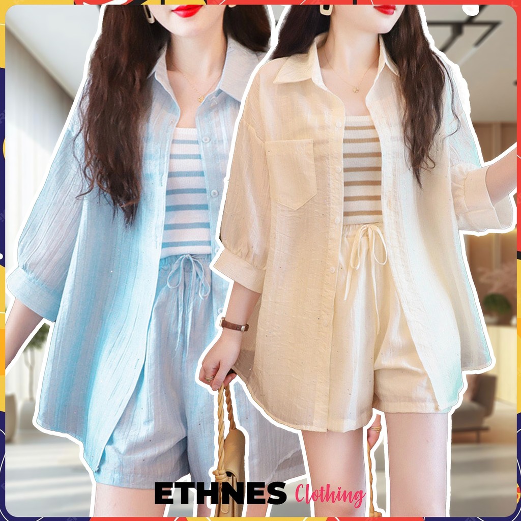 ETHNES Clothing | 01718 One Set Wanita 3in1 (Kemeja + Tanktop + Celana) IMPORT China 🇨🇳 bahan Katun 