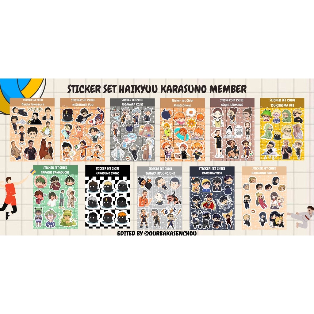 

STICKER SET CHIBI A6 HAIKYUU EDISI KARASUNO KAGEYAMA HINATA SHOYO NISHINOYA DAICHI SUGAWARA TSUKKI YAMAGUCHI ASAHI HAIKYUU