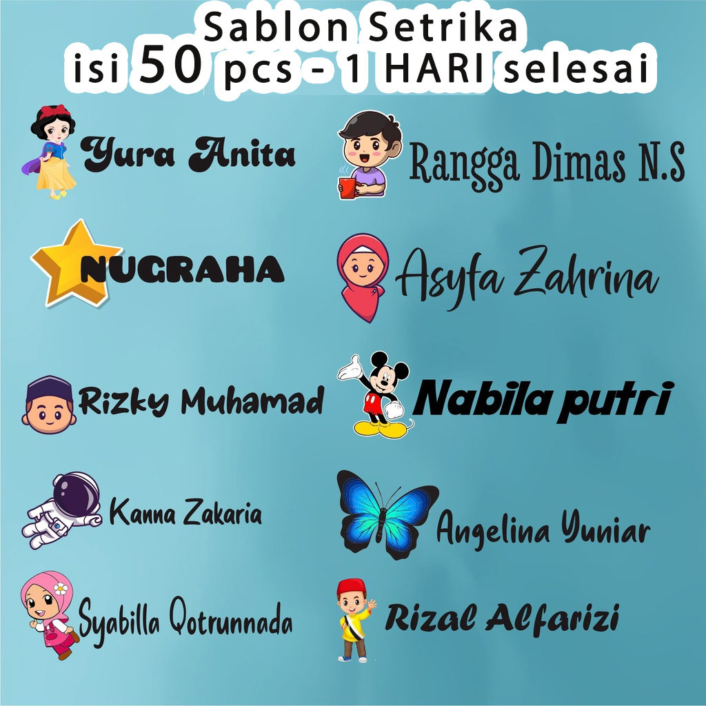 

Stiker Nama Baju Kain Gambar Karakter di Label Baju Stiker Nama Sablon Stiker Nama Custom Tinggal Setrika Anti Luntur 50 pcs