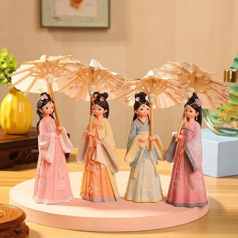 

Exquisite Retro Tang Suit Girl Oil Paper Umbrella Puppet Doll Resin Ornaments Crafts Figurines Miniatures Wedding Home Decor