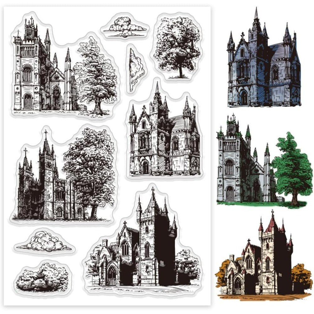 

Retro Castle Clear Stamps for Cards Making Tree Clouds Clear Stamp Seals Transparent Stamps for DIY Scrapbooking Photo Album