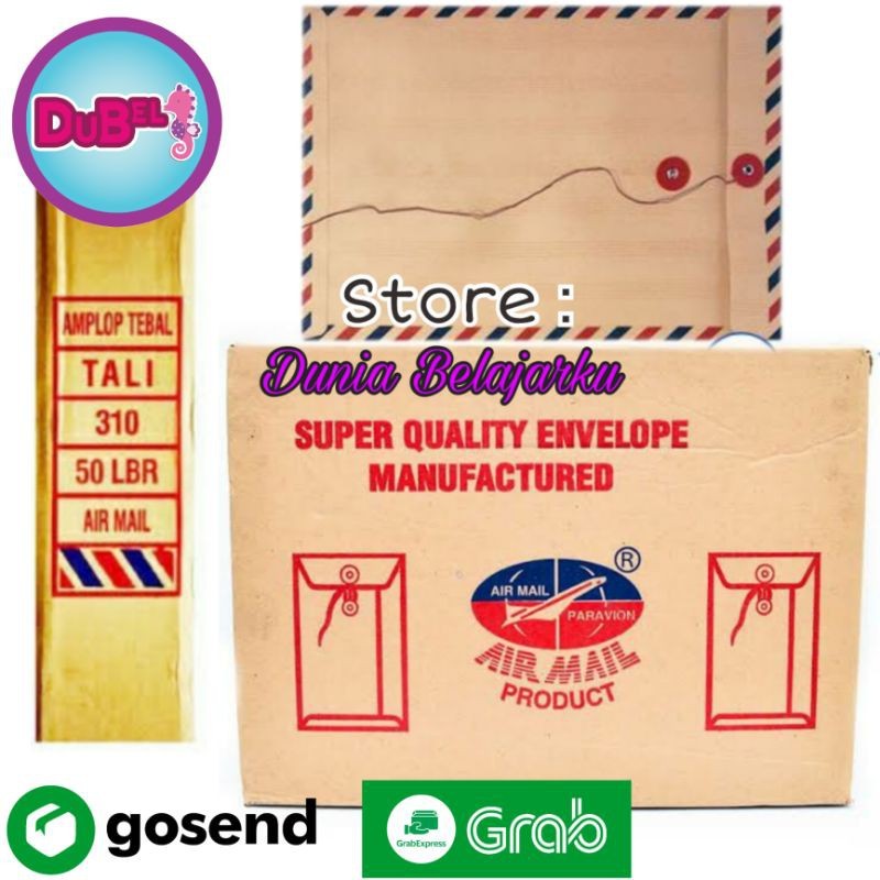 

Amplop Tali Airmail 310 / Amplop Coklat Tali Folio 310 Air Mail / Map Coklat Tali AIrmail [Pack isi 50 Lembar]