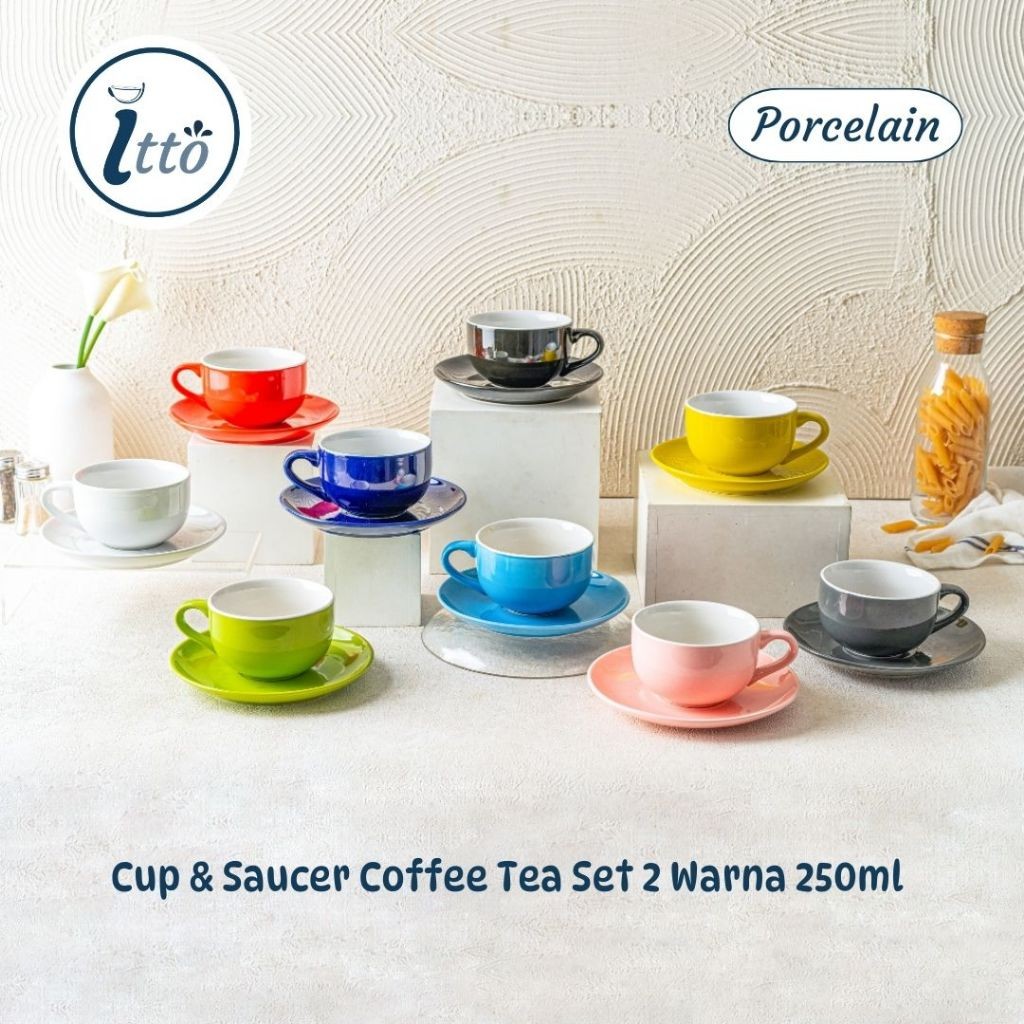 Cup & Saucer Coffee Tea Set 2 Warna 250ml Kopin Porcelain Keramik