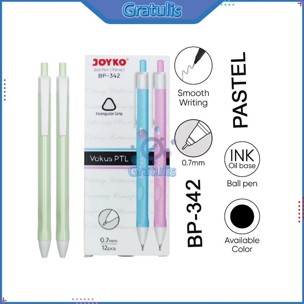 

BALLPOINT VOKUS PASTEL JOYKO BP-342 [1 PACK/12 PCS] / ALAT TULIS SEKOLAH KANTOR / PULPEN WARNA HITAM / BALPOINT BULPEN POLPEN 1 BOX