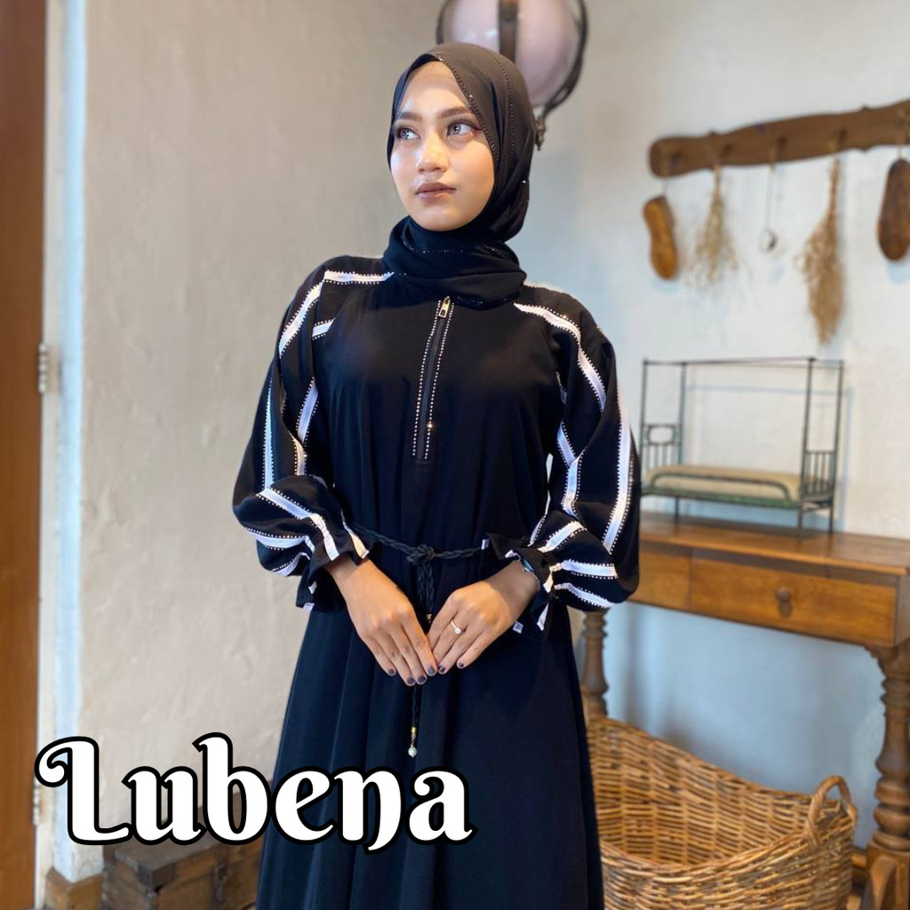 Dress Abaya Mewah Jetblack List Putih Kombinasi Swarozky Silver Elegan - LUBENA