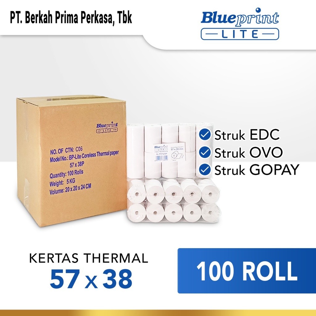 

Kertas Thermal Kasir Struk EDC 57x38 BLUEPRINT Lite 57 x 38 - 1 Dus