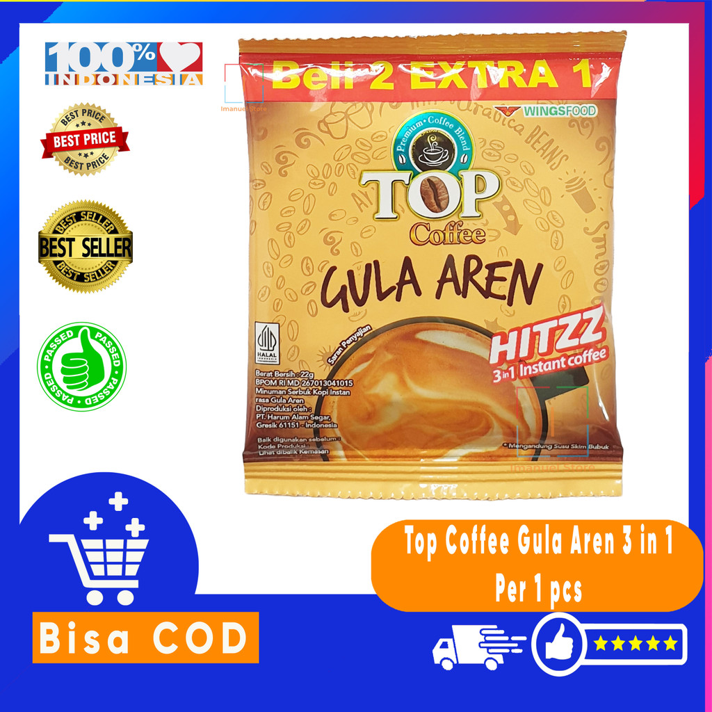 

Kopi Instan Bubuk Top Coffee Gula Aren 3 in 1 Eceran Per 1 Pcs Netto 22 Gr