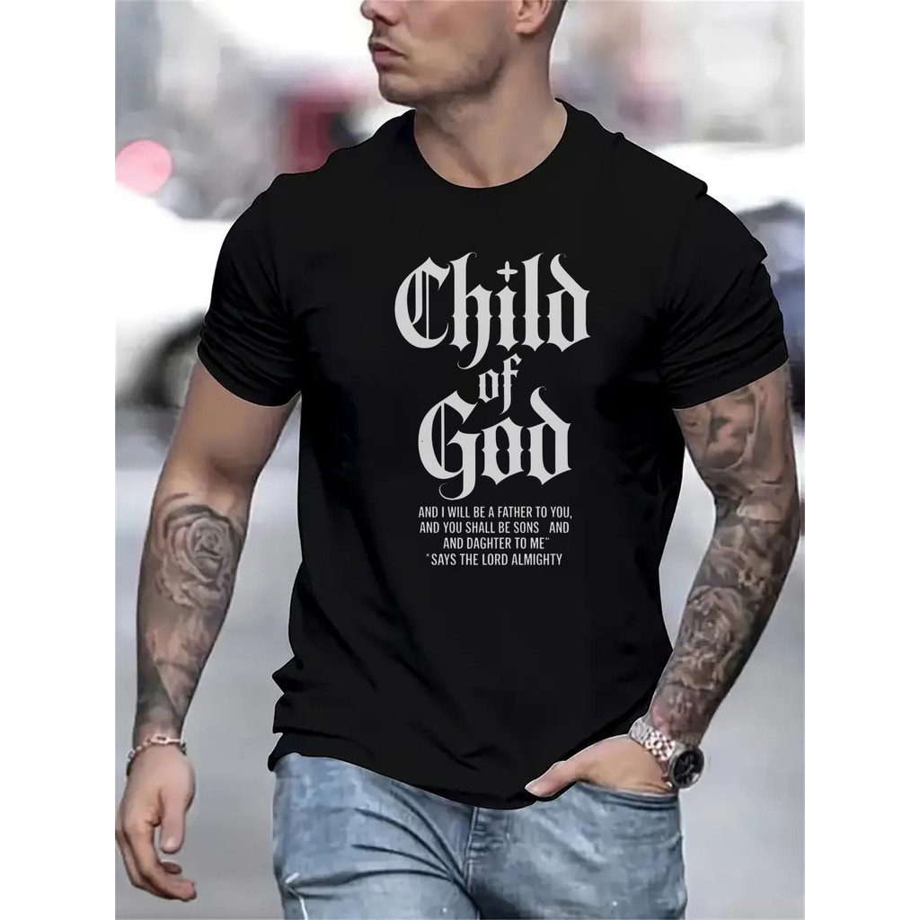 Kemeja Hitam Lengan Pendek Pria, Dicetak dengan Teks Agama 'Anak Tuhan' dan Injil 1 Korintus 6:18 - 