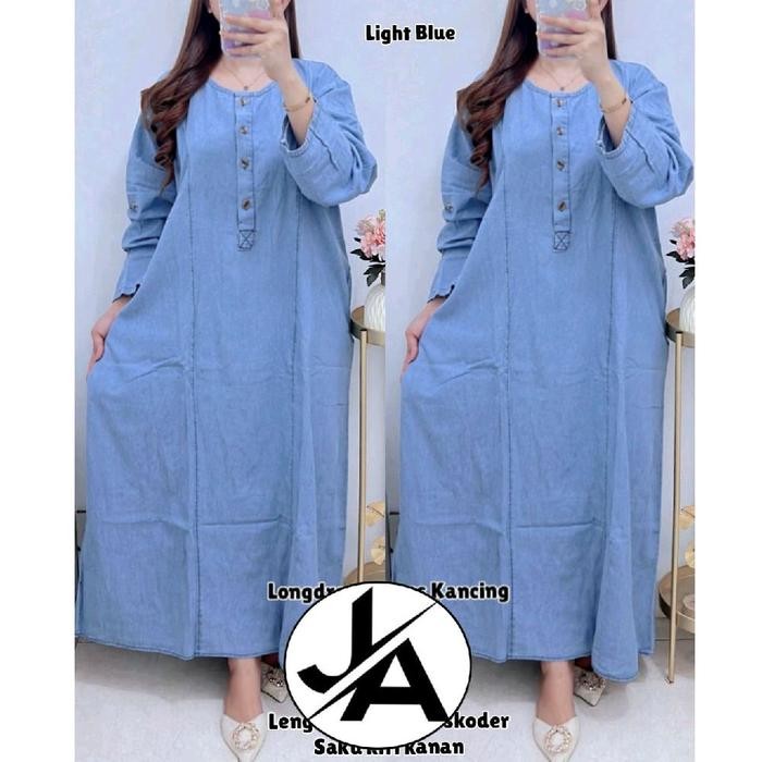 7602 LONGDRESS JEANS KANCING JUMBO WANITA |GAMIS LD125|GAMIS JEANS - snow blue