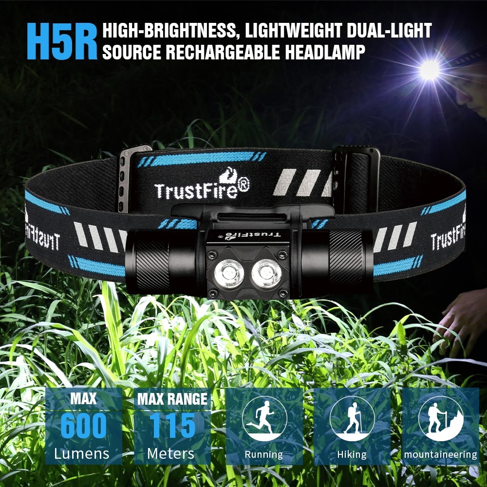Senter Kepala LED Headlight senter TrustFire H5R 600Lumen Fishing Light Besar Flood Light Pengisian 