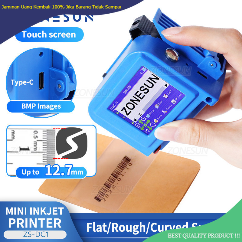 

ZONESUN ZS-DC1 Handheld Inkjet Printer Portable Date Coding Machine 12.7mm QR Code Barcode Batch Serial Number Bottles Packaging