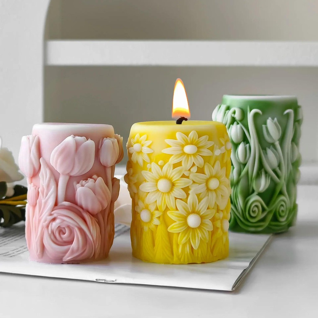

3D Flower Pillar Silicone Soy Wax Candles Making Embossed flower cylinder Handmade Cylinder Aroma Candle Plaster Ornaments Mold