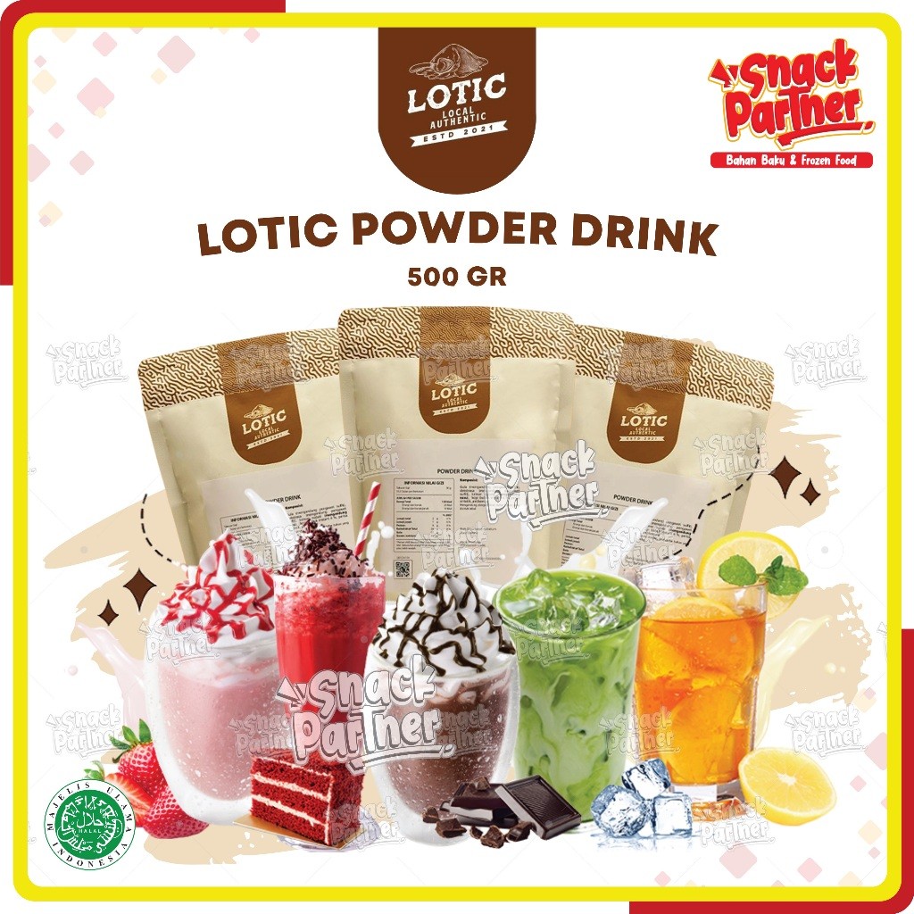 

LOTIC Powder Drink 500 GR - Bubuk Minuman Premium - Cappucino Moccacino Dark Chocolate Choco Coklat Tiramisu Red Velvet Taro Vanilla Bubble Gum Avocado Mango Mangga Thai Lemon Tea Lychee Leci Green Tea Matcha Latte Stroberi ECOLATTE
