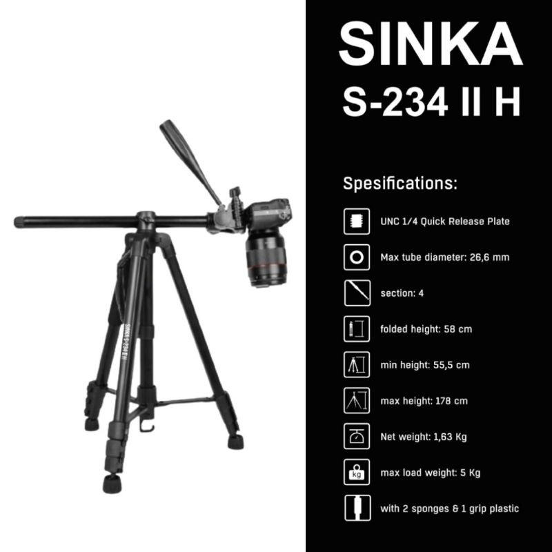 SINKA S-234II H (Horizontal) Tripod Monopod Pan Head For Camera Smartphone /HP Overhead Fat Lay Hori