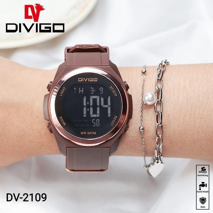 Jam Tangan Digital Pria Wanita DV-2109 Water Resistant 3ATM - PLAT ROSEGOLD COKLAT