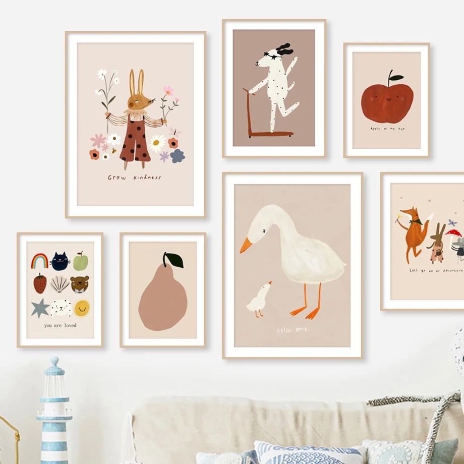 

Dog Goose Rabbit Bear Fox Mouse Wildflower Cartoon Poster Wall Art Canvas Painting and Prints Wall Pictures Baby Kids Room Decor