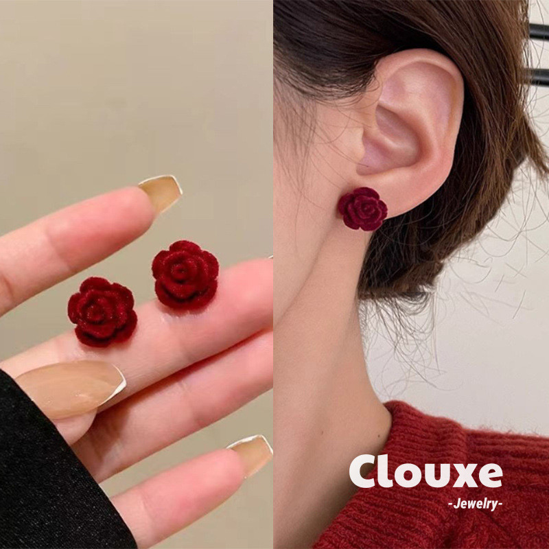 [Clouxe] Anting Bunga Flanel Merah Tua Kecil Retro Serbaguna Ekslusif Temperamen F387