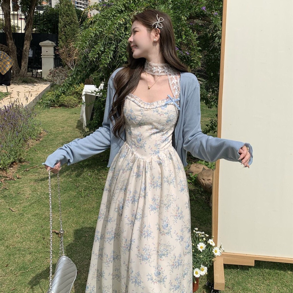 Setelan Long Dress Suspender Manis + Cardigan || Dress Bunga Motif Retro Prancis Ukuran Besar Tren M