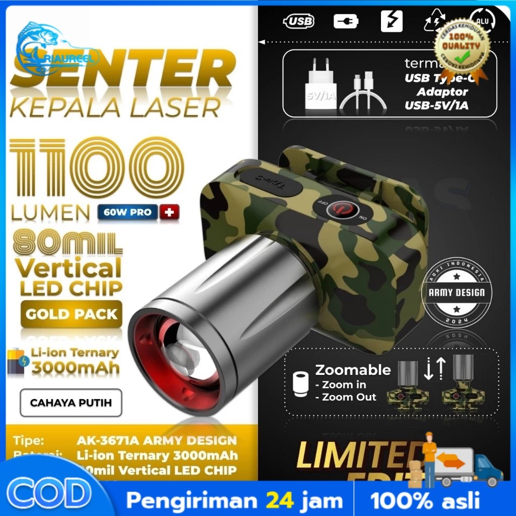 AOKI SENTER KEPALA LED ZOOM  60W / CAHAYA SUPER TERANG / JARAK JAUH LASER / @AOKI HEAD LAMP ZOOM CAH