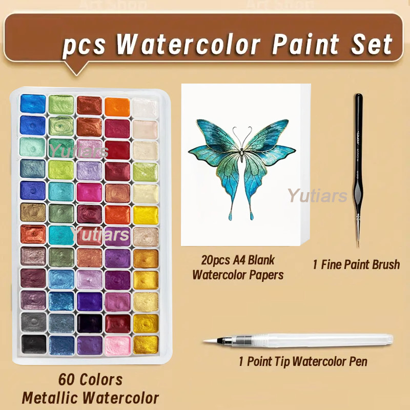 

82pcs Professional Watercolor Paint Set, 60 Colors Pearlescent Solid High Pigment, with 2pcs Paint Brushes And 20 Sheets Paint.