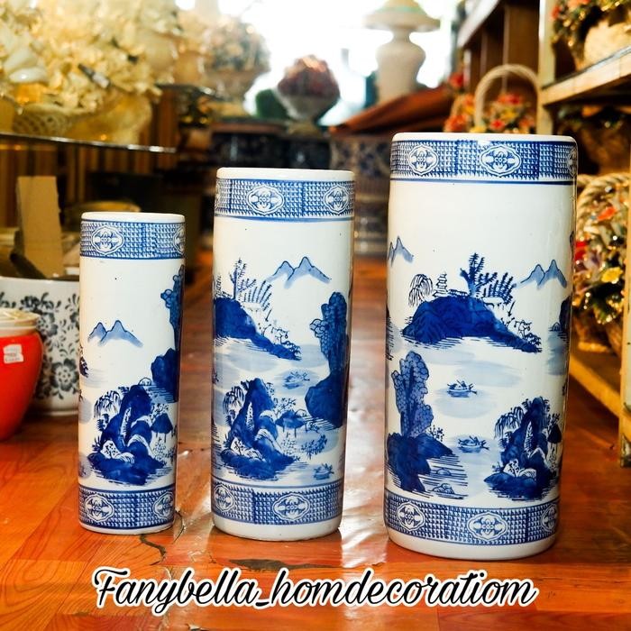 Tempat Payung Keramik Set 3 Guci Vas Bunga Keramik Porselen Biru Putih Import Dekorasi Rumah - V3