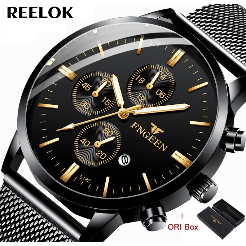 FNGEEN 5128 Jam Tangan Pria Tipis  Rantai  Pasir Kasual Quartz Bercahaya Original Anti Air Watch + K