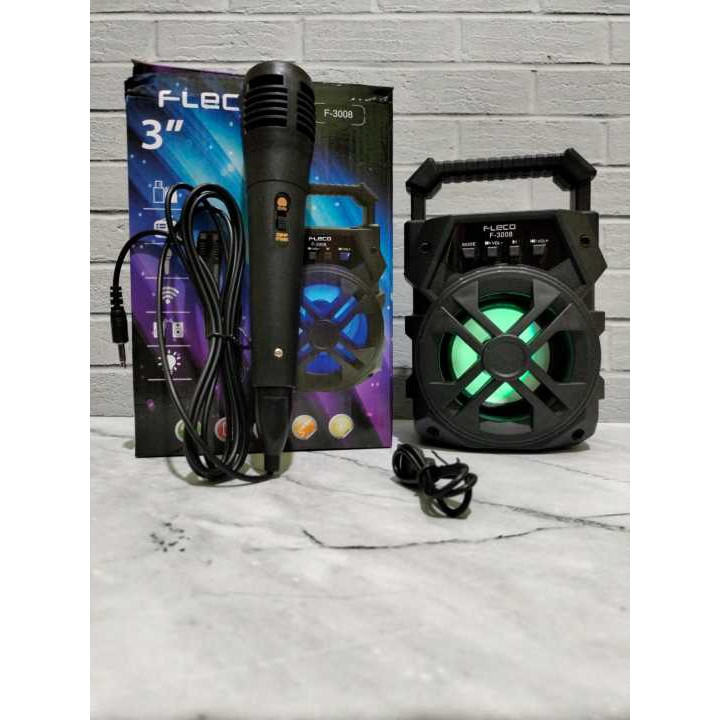 Speaker Fleco F-3008 Bluetooth Plus Mic Kabel Karaoke Radio FM TF CARD USB BT AUX Musik Box Full Bas