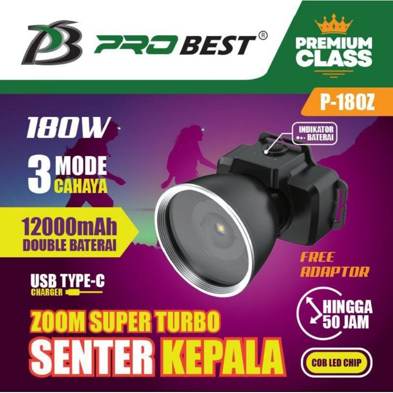 Pro Best Senter Kepala Zoom Super Turbo 180 Watt Baterai 12000mAh TERLARIS