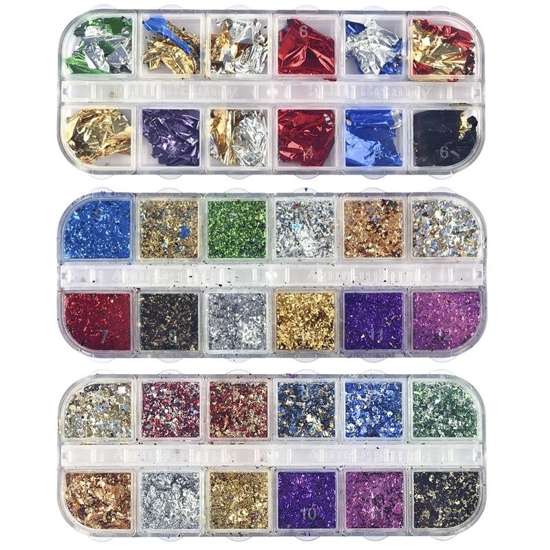 

12 Grids Gold Foil Paper Resin Pigment Leaf Flakes Foil Fragments Colorful Alloy Foil Flakes For Nail Decoration Jewelry Making