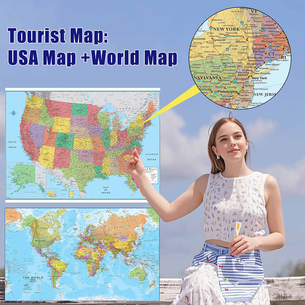 

2Pack Frameless Vintage World Map & US Map Poster Set In English Picture Canvas Wall Decor Classic School Office Travel Supplies