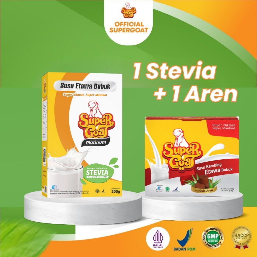 

SUPERGOAT Susu Kambing Etawa Bubuk 1 Box Stevia & 1 Box Aren Super Nikmat Super Manfaat